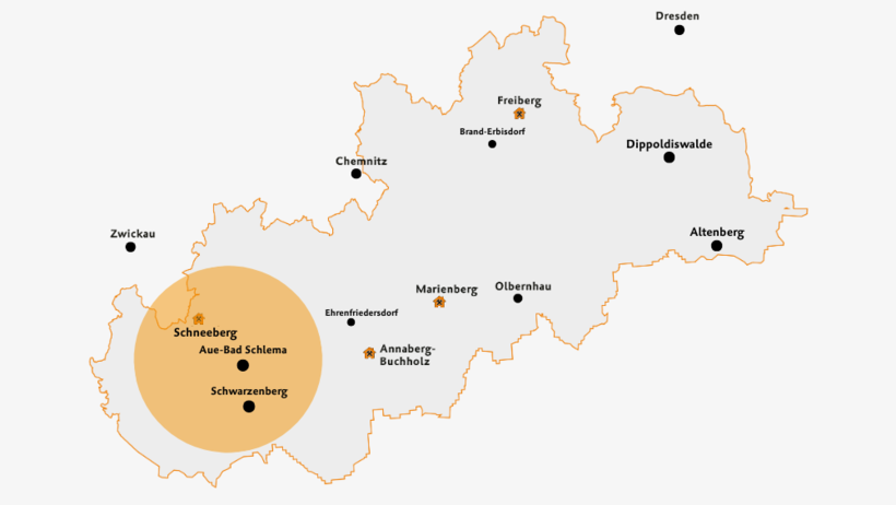 Karte Welterbe Erlebnisroute in Schneeberg, Aue-Bad Schlema & Schwarzenberg