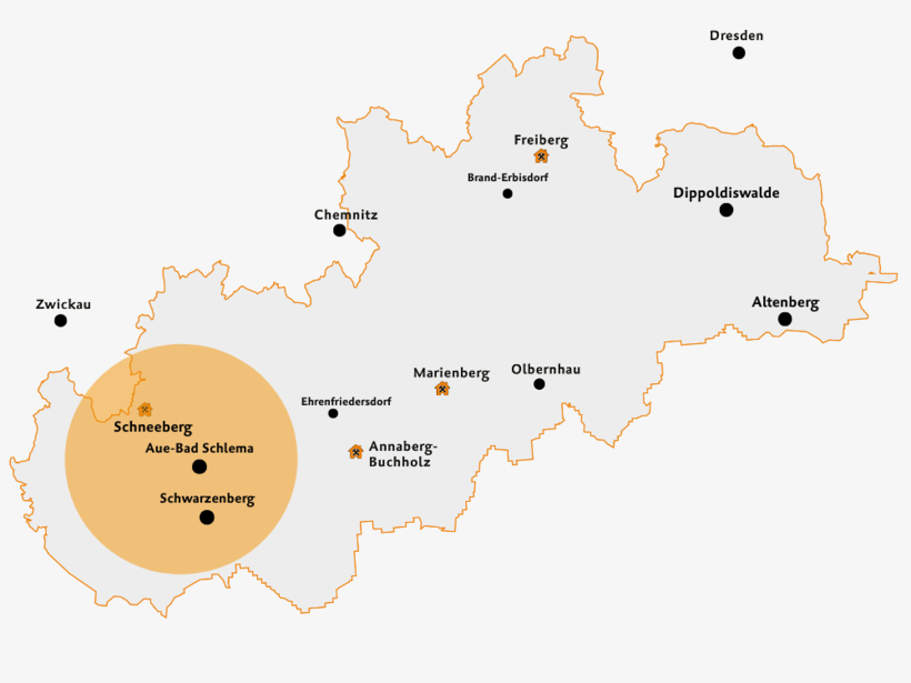 Karte Welterbe Erlebnisroute Schneeberg, Aue-Bad Schlema, Schwarzenberg