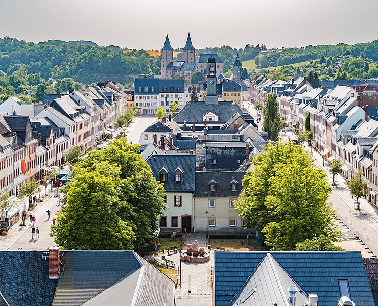 Blick auf den Rochlitzer Markt vom Kirchturm der Kunigundenkirche Rochlitz (Bastian Rakow)