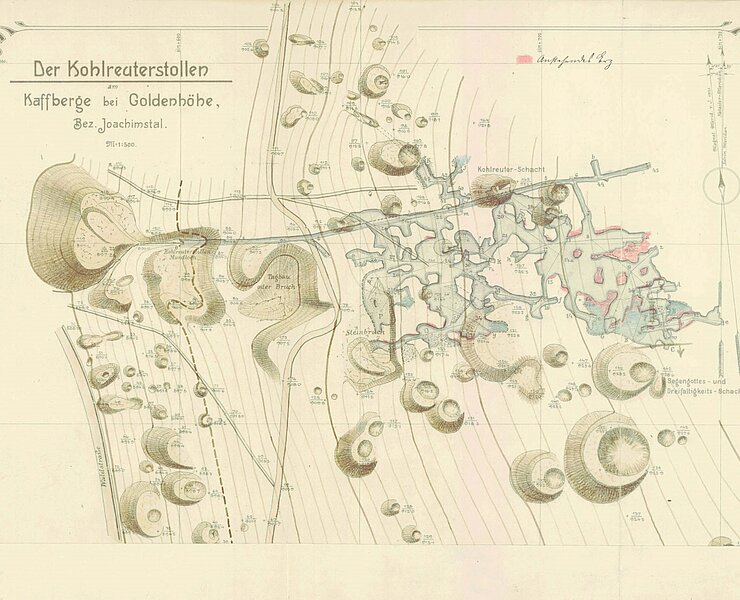 Bergbaulandschaft Goldenhöhe Kaff - Kohlreuter Grube - Karte der Bergwerke in der Umgebung der Grube Kohlreuter in Zláty Kopec (Archiv des Tschechischen Geologischen Dienstes)