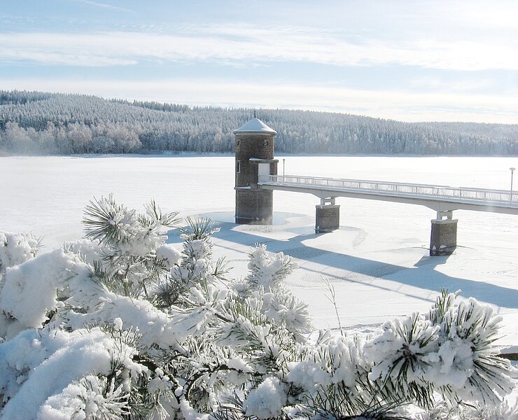 Verschneite Wasserfläche der Talsperre Cranzahl mit Turm (Gemeinde Sehmatal)