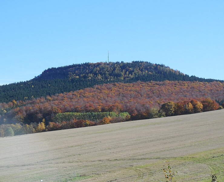 Blick von der Talsperrenstraße über Felder auf den Bärenstein (AS)