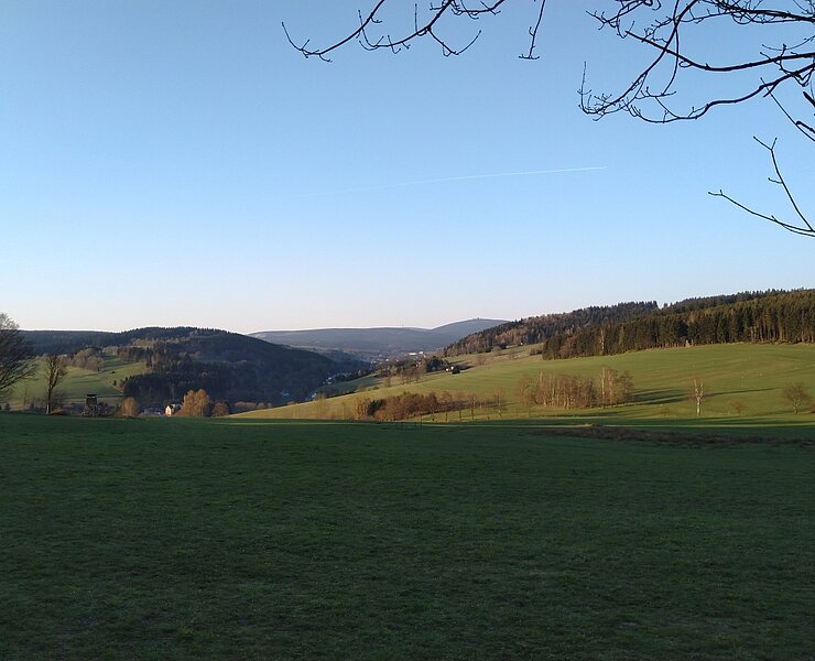 Blick vom Waldrand am Wolfsstein in Richtung Fichtelberg (Thomas Kaufmann)